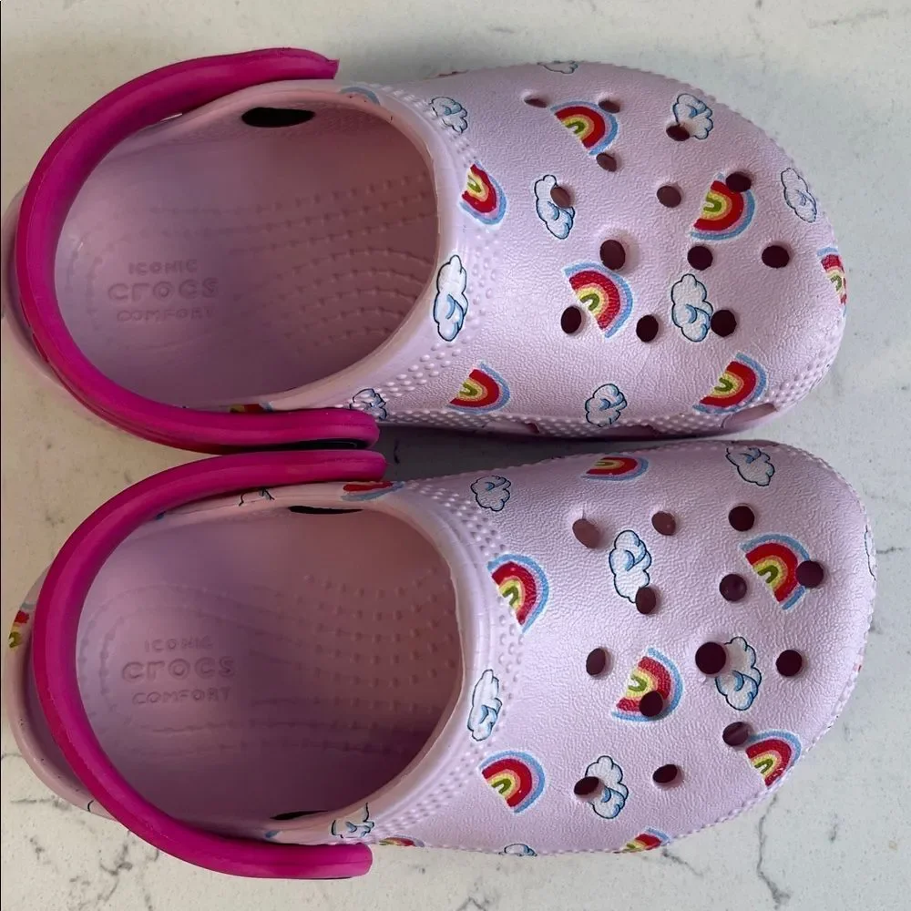 CROCS Kids Light Pink Clogs with Rainbow & Cloud Design Size 7